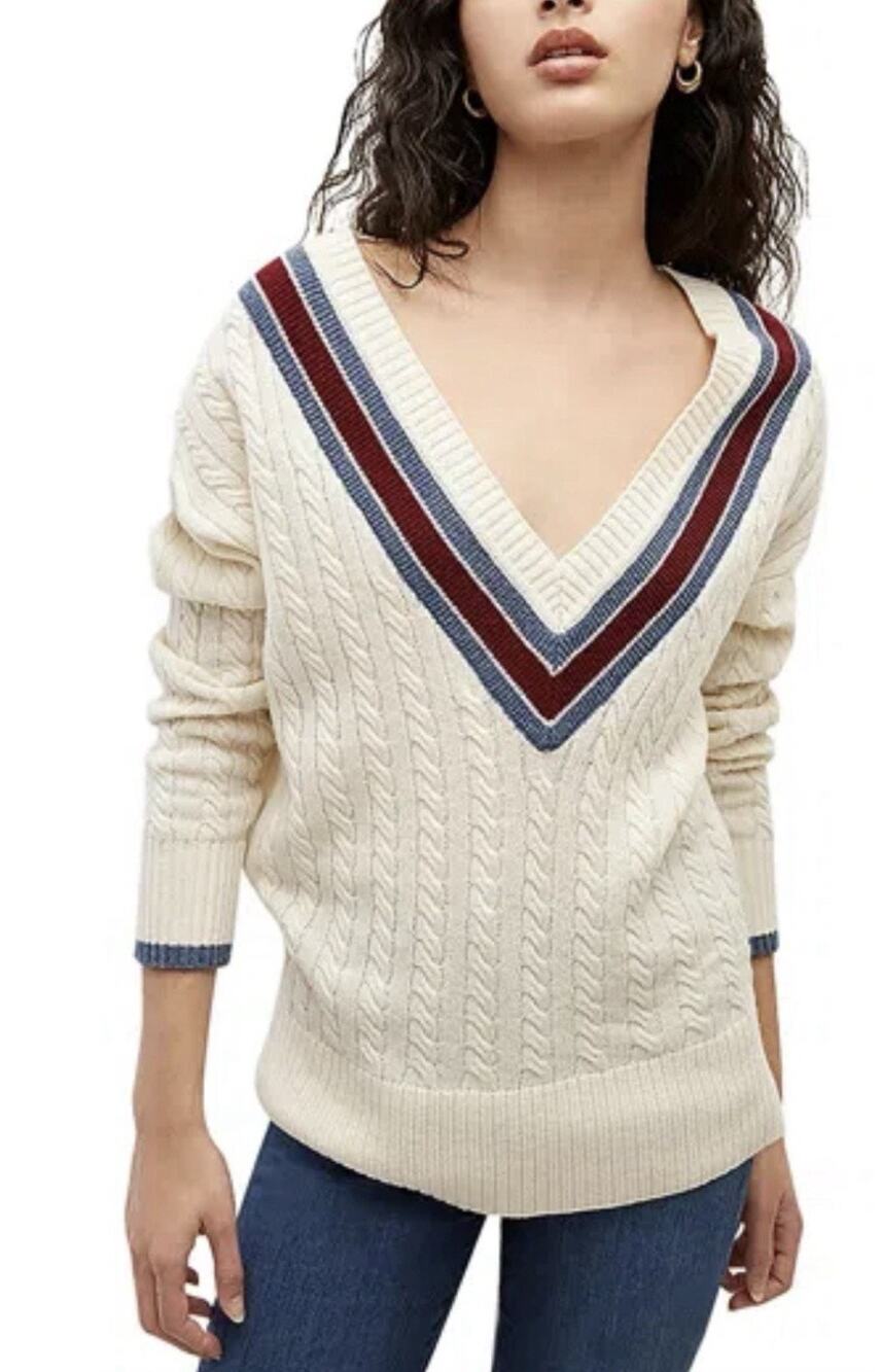 Veronica Beard Rory Sweater V-Neck Cable Knit Ivory Wool Striped Trim sz Medium